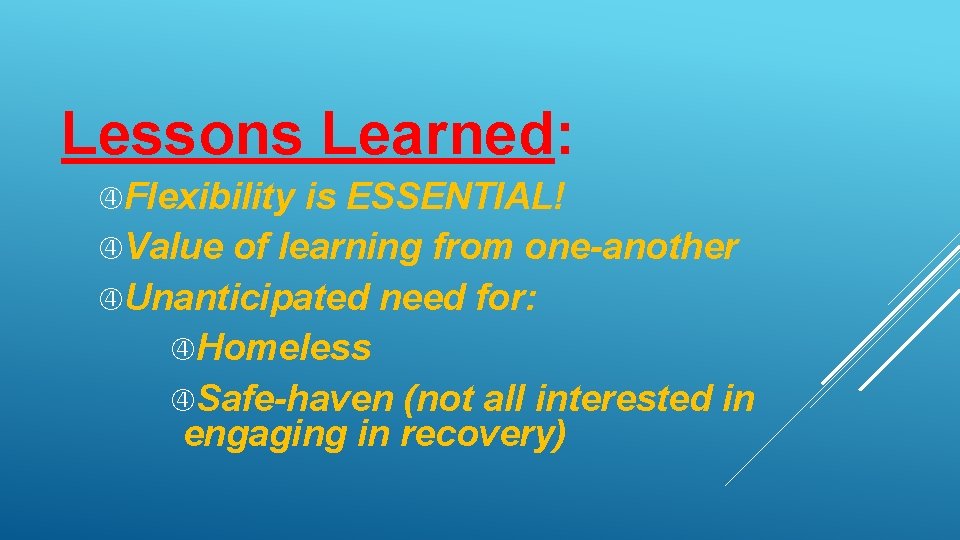 Lessons Learned: Flexibility is ESSENTIAL! Value of learning from one-another Unanticipated need for: Homeless