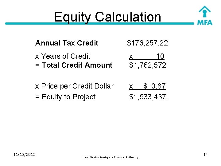 Equity Calculation Annual Tax Credit 11/12/2015 $176, 257. 22 x Years of Credit =
