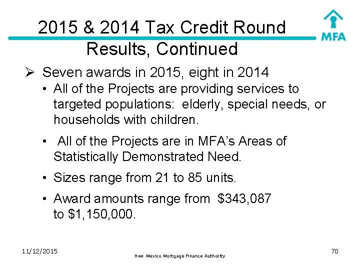 2015 & 2014 Tax Credit Round Results, Continued Ø Seven awards in 2015, eight