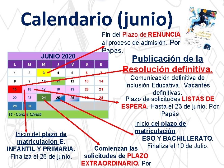 Calendario (junio) Fin del Plazo de RENUNCIA al proceso de admisión. Por Papás. JUNIO