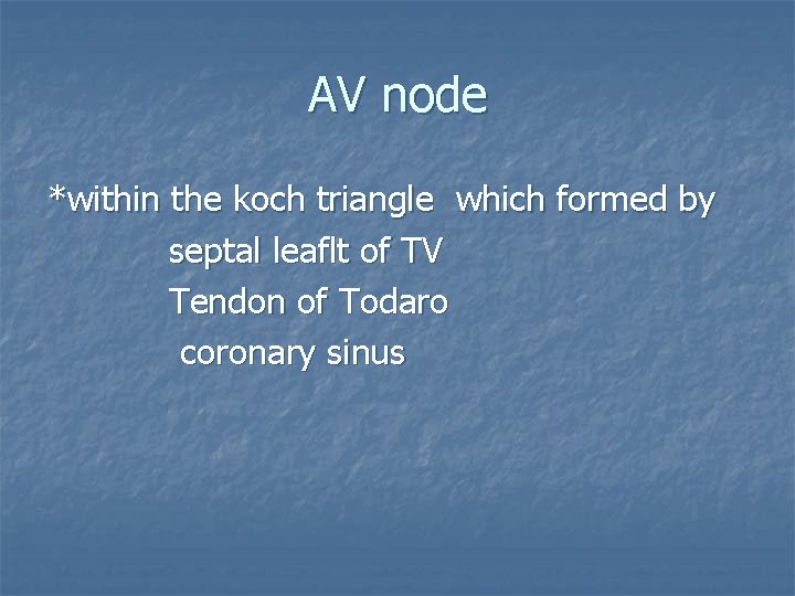 AV node *within the koch triangle which formed by septal leaflt of TV Tendon