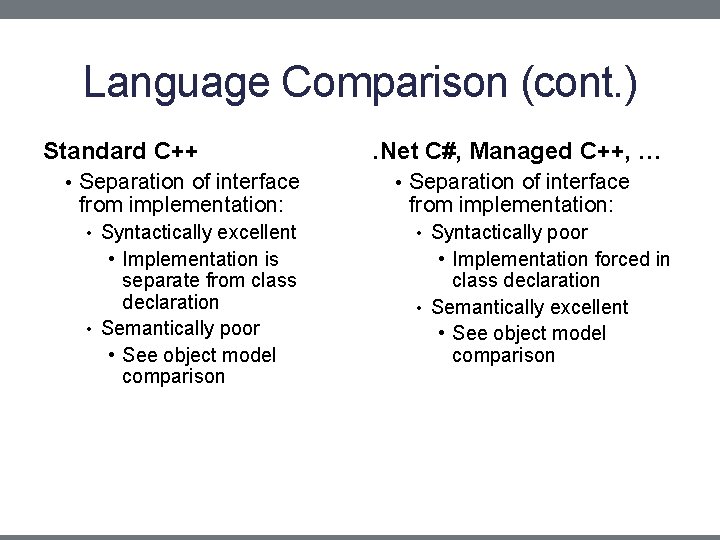 Language Comparison (cont. ) Standard C++ • Separation of interface from implementation: . Net