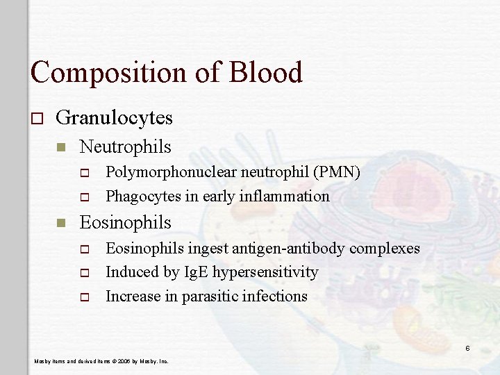 Composition of Blood o Granulocytes n Neutrophils o o n Polymorphonuclear neutrophil (PMN) Phagocytes