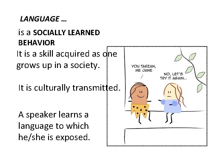 LANGUAGE … is a SOCIALLY LEARNED BEHAVIOR It is a skill acquired as one