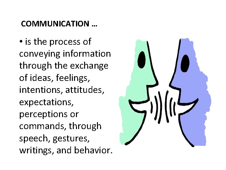 COMMUNICATION … • is the process of conveying information through the exchange of ideas,