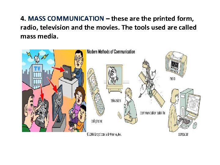 4. MASS COMMUNICATION – these are the printed form, radio, television and the movies.