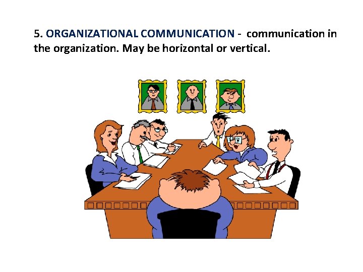 5. ORGANIZATIONAL COMMUNICATION - communication in the organization. May be horizontal or vertical. 