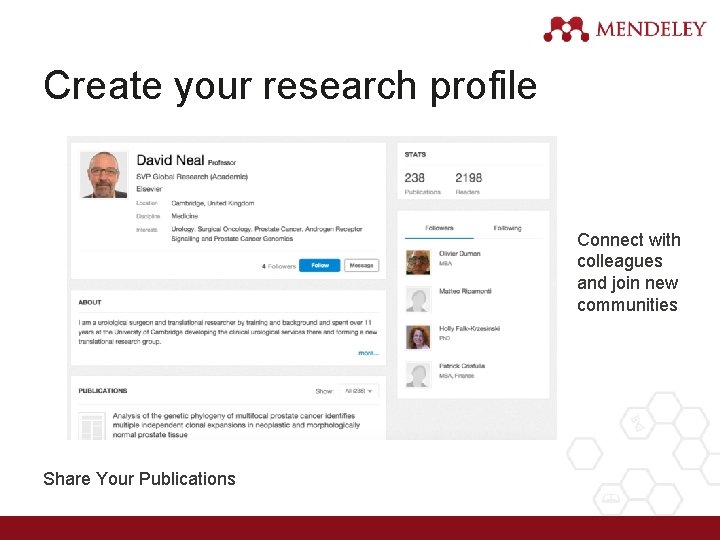 Create your research profile Connect with colleagues and join new communities Share Your Publications