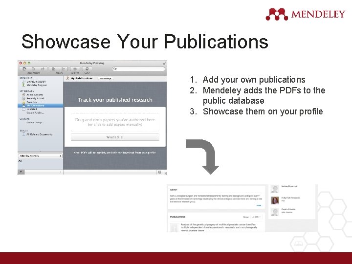 Showcase Your Publications 1. Add your own publications 2. Mendeley adds the PDFs to