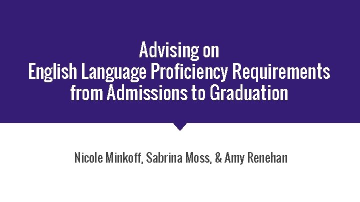 Advising on English Language Proficiency Requirements from Admissions to Graduation Nicole Minkoff, Sabrina Moss,