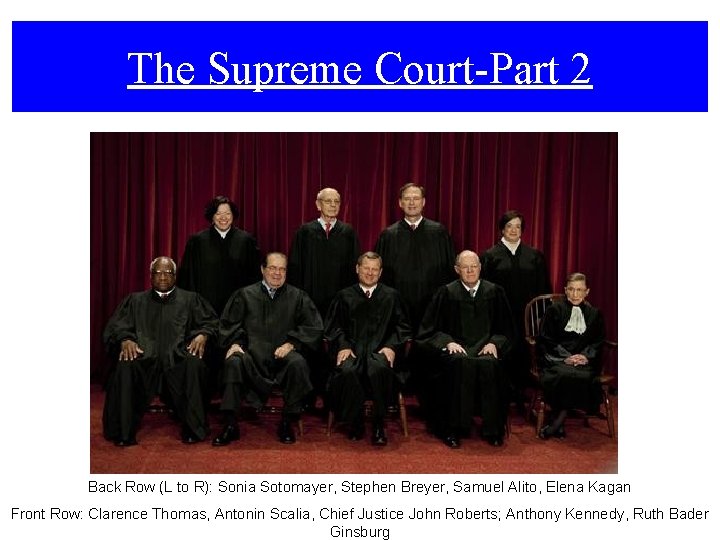The Supreme Court-Part 2 Back Row (L to R): Sonia Sotomayer, Stephen Breyer, Samuel