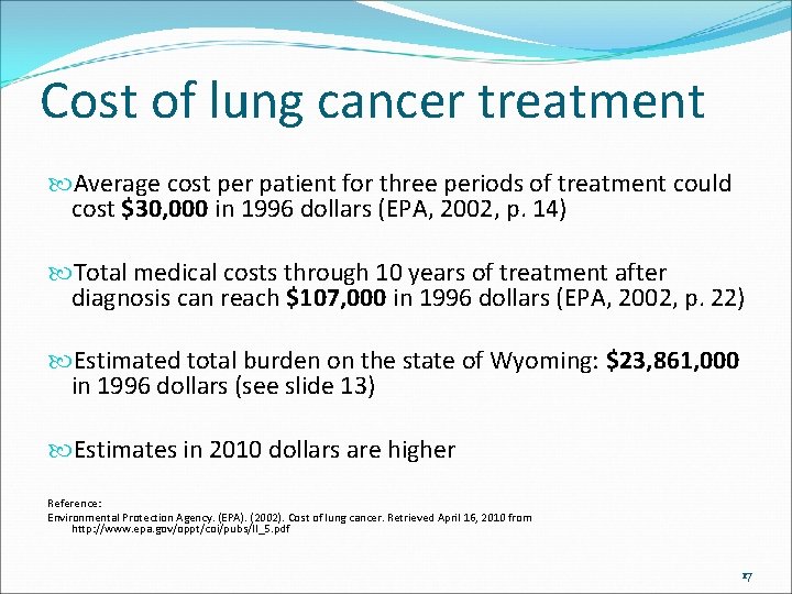 Cost of lung cancer treatment Average cost per patient for three periods of treatment