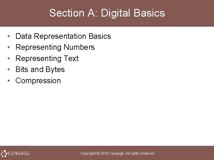 Section A: Digital Basics • • • Data Representation Basics Representing Numbers Representing Text