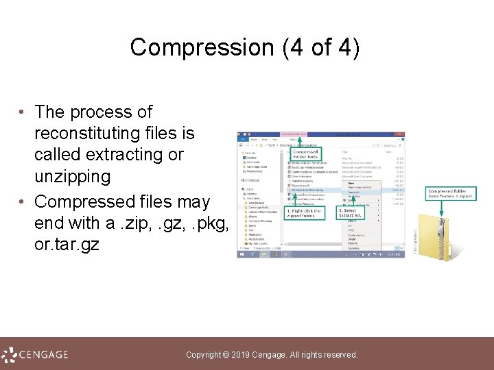 Compression (4 of 4) • The process of reconstituting files is called extracting or