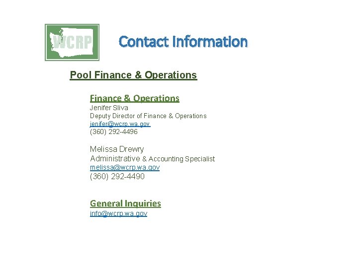 Contact Information Pool Finance & Operations Jenifer Sliva Deputy Director of Finance & Operations
