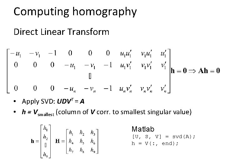 Computing homography Direct Linear Transform • Apply SVD: UDVT = A • h =