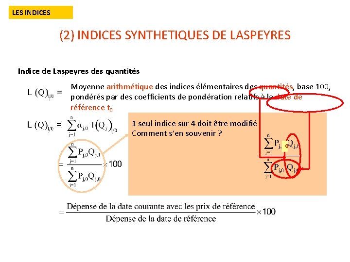 LES INDICES (2) INDICES SYNTHETIQUES DE LASPEYRES Indice de Laspeyres des quantités Moyenne arithmétique