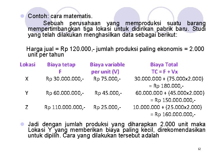 l Contoh: cara matematis. Sebuah perusahaan yang memproduksi suatu barang mempertimbangkan tiga lokasi untuk