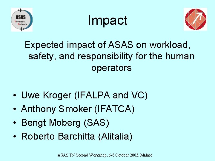 Impact Expected impact of ASAS on workload, safety, and responsibility for the human operators