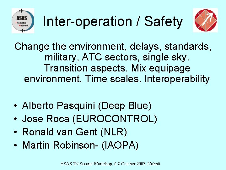 Inter-operation / Safety Change the environment, delays, standards, military, ATC sectors, single sky. Transition