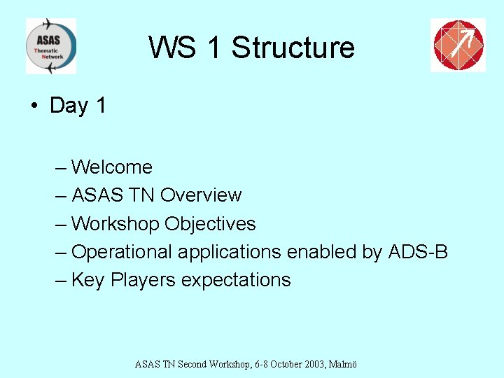 WS 1 Structure • Day 1 – Welcome – ASAS TN Overview – Workshop