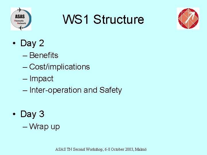 WS 1 Structure • Day 2 – Benefits – Cost/implications – Impact – Inter-operation