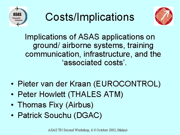 Costs/Implications of ASAS applications on ground/ airborne systems, training communication, infrastructure, and the ‘associated