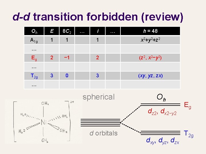 d-d transition forbidden (review) Oh E 8 C 2 … i … h =