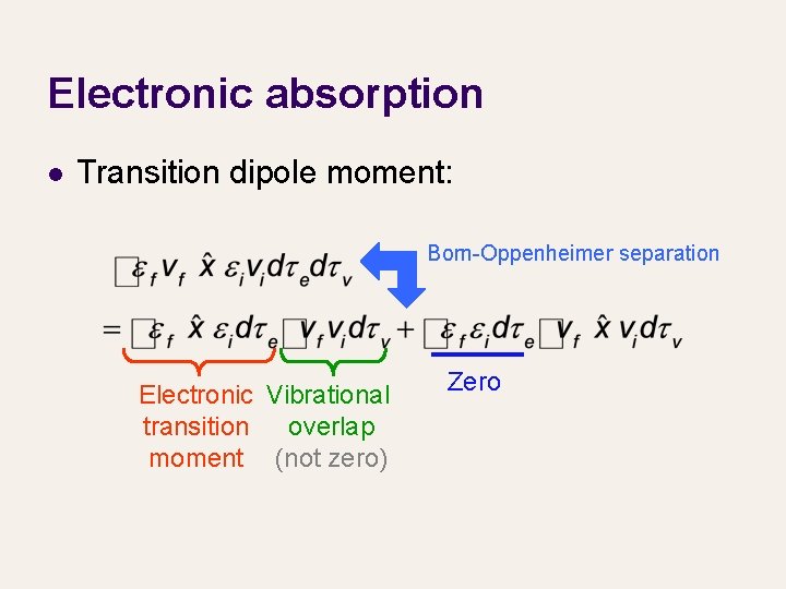 Electronic absorption l Transition dipole moment: Born-Oppenheimer separation Electronic Vibrational transition overlap moment (not