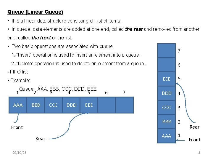 Queue (Linear Queue) • It is a linear data structure consisting of list of