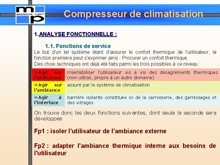 Compresseur de climatisation 1. ANALYSE FONCTIONNELLE : 1. 1. Fonctions de service Le but