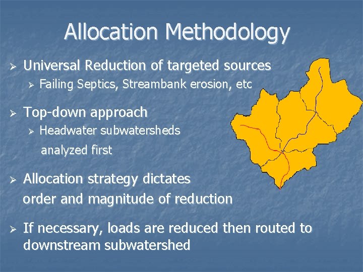 Allocation Methodology Ø Universal Reduction of targeted sources Ø Ø Failing Septics, Streambank erosion,