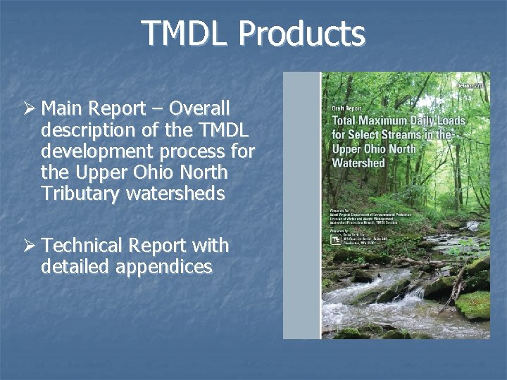 TMDL Products Ø Main Report – Overall description of the TMDL development process for