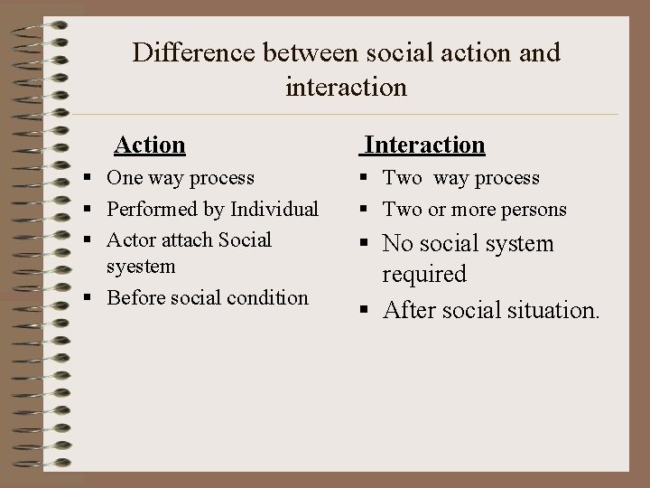 Difference between social action and interaction Action § One way process § Performed by