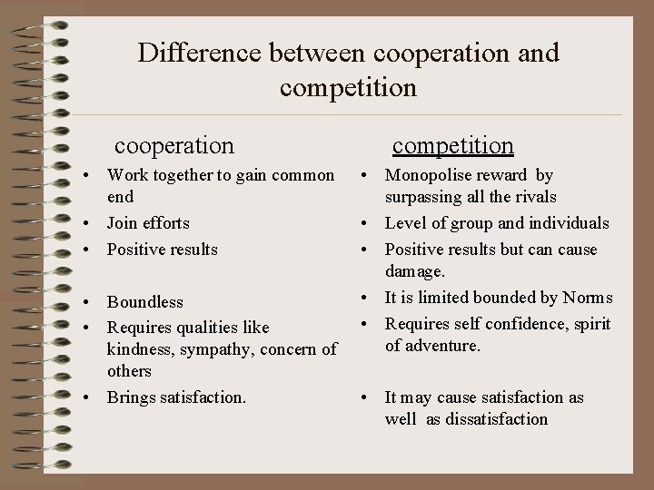 Difference between cooperation and competition cooperation • Work together to gain common end •