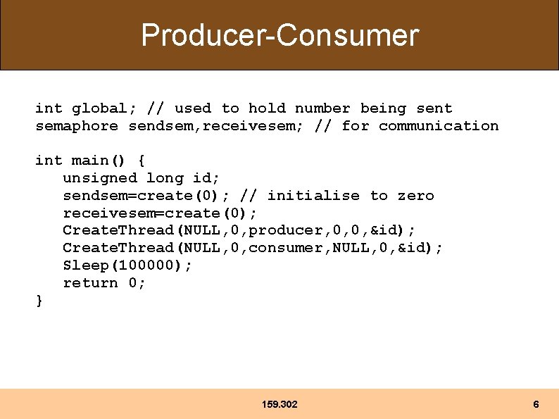 Producer-Consumer int global; // used to hold number being sent semaphore sendsem, receivesem; //