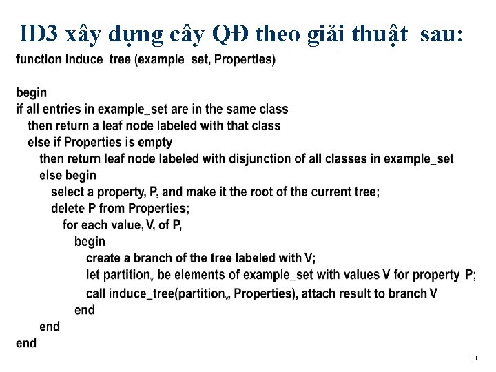 ID 3 xây dựng cây QĐ theo giải thuật sau: 11 