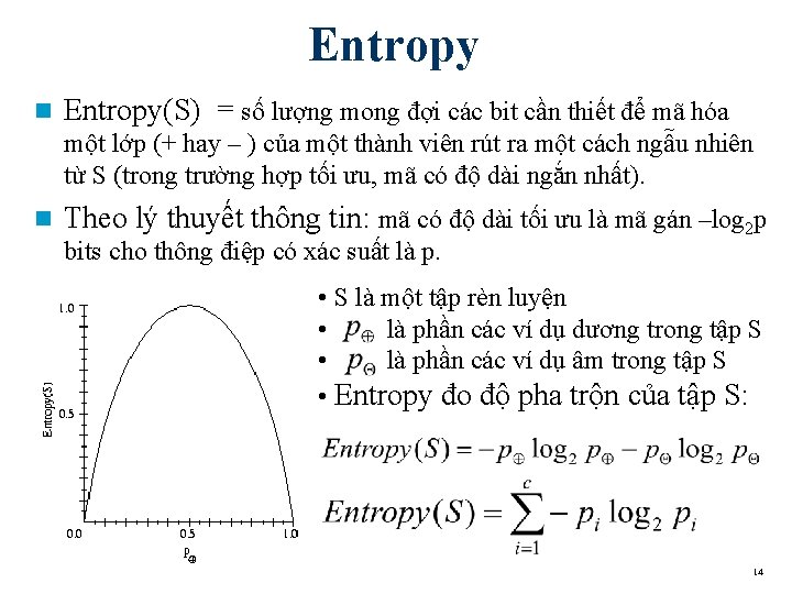 Entropy n Entropy(S) = số lượng mong đợi các bit cần thiết để mã