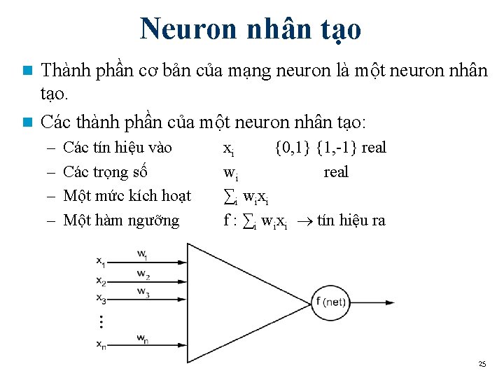 Neuron nhân tạo Thành phần cơ bản của mạng neuron là một neuron nhân