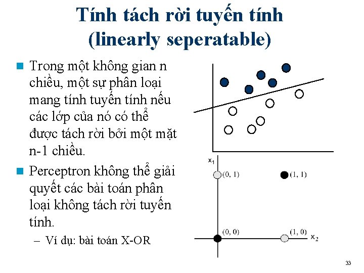 Tính tách rời tuyến tính (linearly seperatable) Trong một không gian n chiều, một