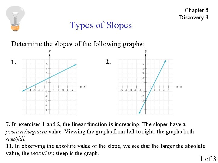 Types of Slopes Chapter 5 Discovery 3 Determine the slopes of the following graphs: