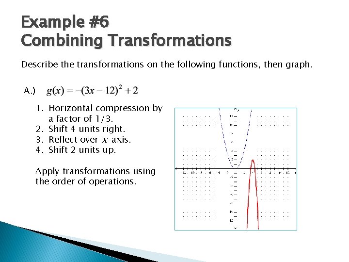 Example #6 Combining Transformations Describe the transformations on the following functions, then graph. A.