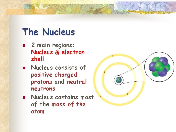 The Nucleus n n n 2 main regions: Nucleus & electron shell Nucleus consists