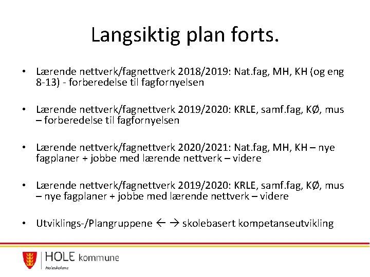 Langsiktig plan forts. • Lærende nettverk/fagnettverk 2018/2019: Nat. fag, MH, KH (og eng 8