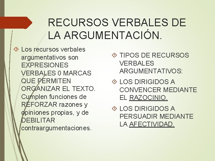 RECURSOS VERBALES DE LA ARGUMENTACIÓN. Los recursos verbales argumentativos son EXPRESIONES VERBALES 0 MARCAS