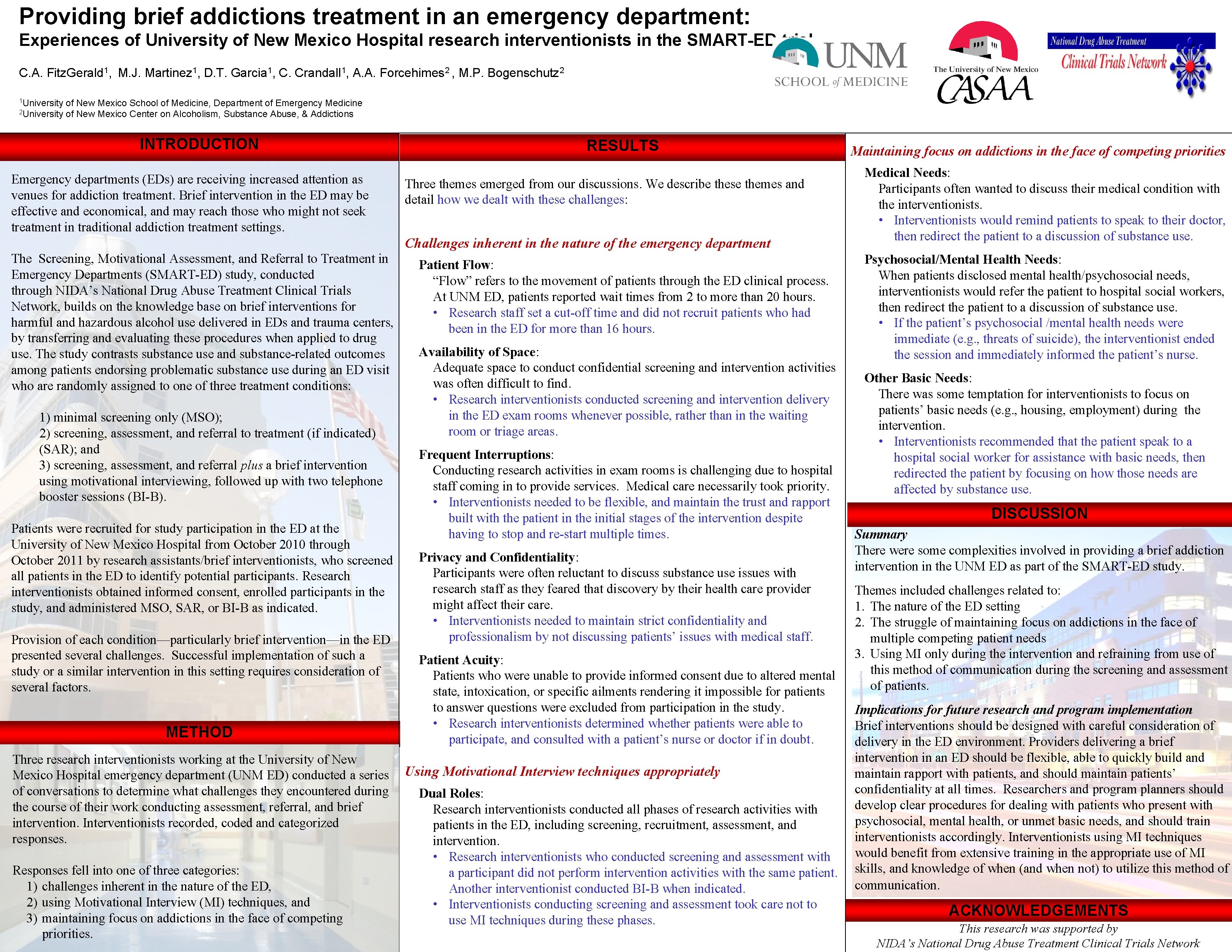 Providing brief addictions treatment in an emergency department: Experiences of University of New Mexico