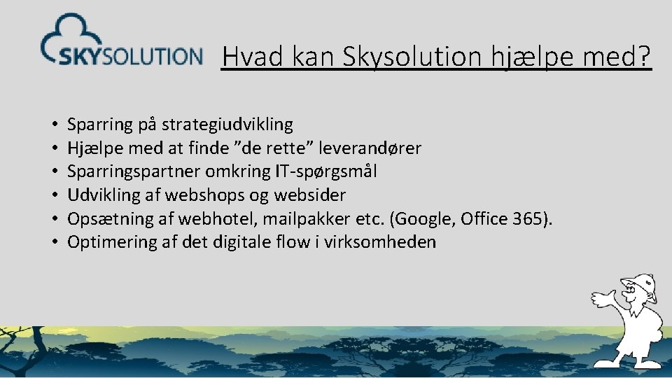 Hvad kan Skysolution hjælpe med? • • • Sparring på strategiudvikling Hjælpe med at