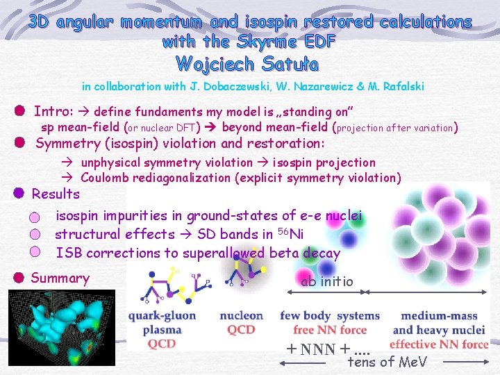 3 D angular momentum and isospin restored calculations with the Skyrme EDF Wojciech Satuła