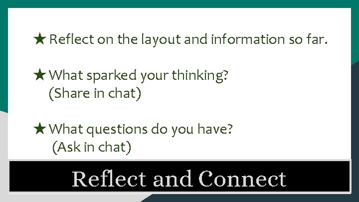 ★Reflect on the layout and information so far. ★What sparked your thinking? (Share in