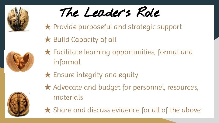 The Leader’s Role ★ Provide purposeful and strategic support ★ Build Capacity of all